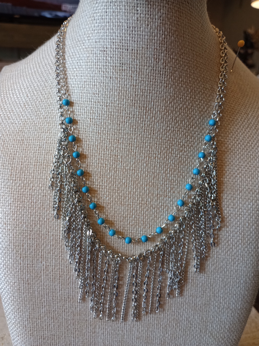 paparazzi Silver Fringe Necklace with Turquoise Beads